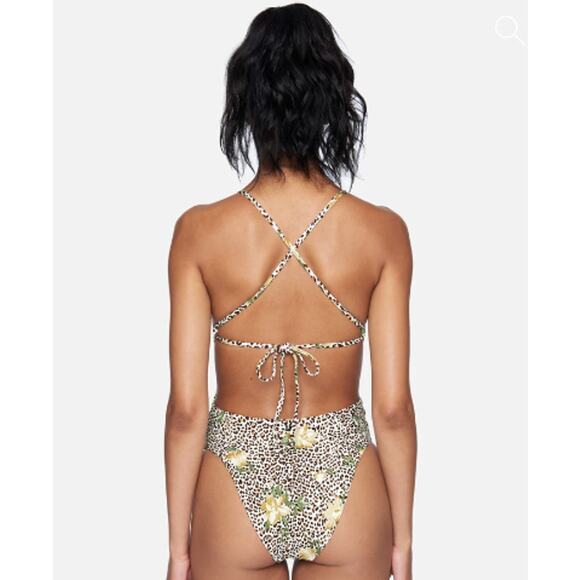 Hurley Black & Brown Leopard Print One-Piece Swimsuit Yellow Hibiscus Size XS - Picture 2 of 8